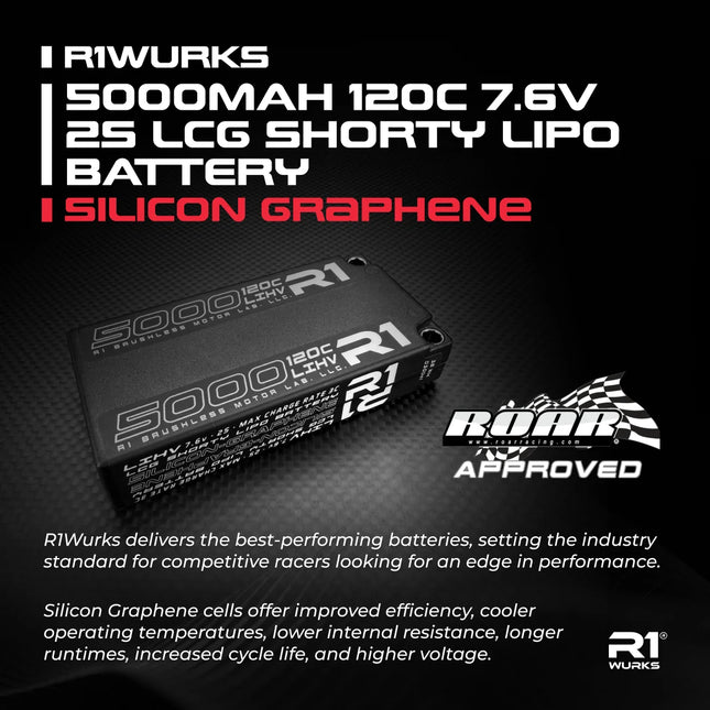 R1WURKS 5000mAh 120C 7.6V 2S LCG Shorty Silicon Graphene LiPo Battery 030041
