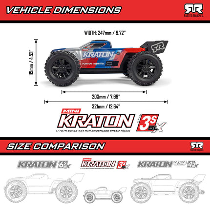 Arrma Mini Kraton 3S BLX 4X4 1/16 RTR Brushless Speed Monster Truck (Black/Red) – ARA2508T1