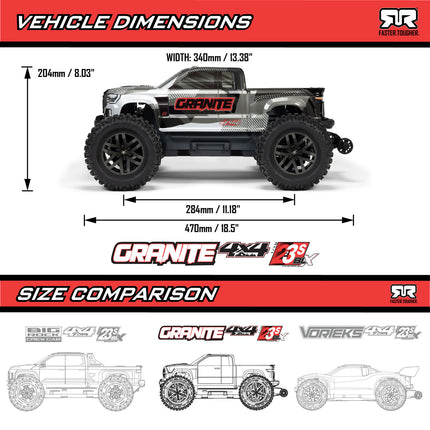 Arrma Granite 4x4 V4 223S DSC 1/10 RTR Brushless Monster Truck – Part #ARA4302V4  (Available in Gun Metal, Red, or Blue)