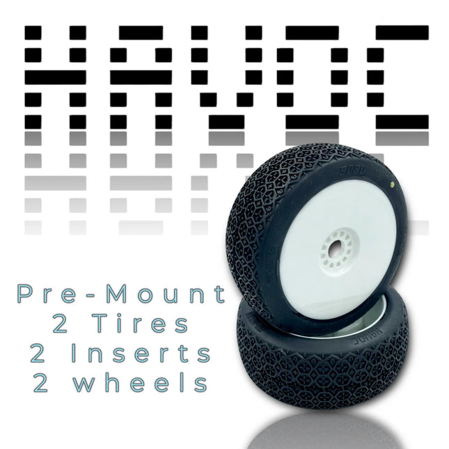 Pro-Motion HAVOC 1/8 Buggy Pre-Mounted Tires – Soft Compound (White Wheels) (2) Part #: 9080-S-W