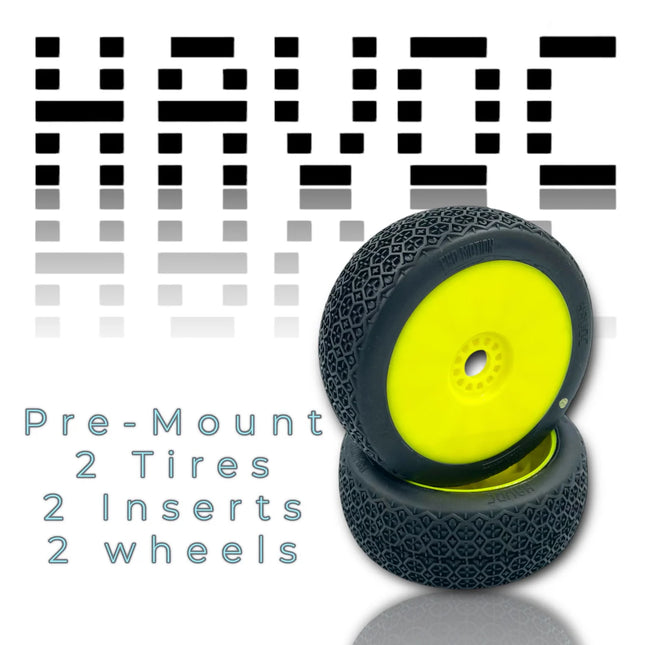Pro-Motion HAVOC 1/8 Buggy Pre-Mounted Tires – Soft Compound (Yellow Wheels) (2) Part #: PMT9080-S-Y