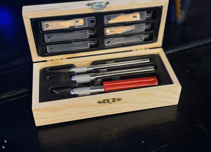 Boof RC Hobby Knife Set – 15 Blades, 3 Handles, Wooden Storage Case Part #: BFCUT003