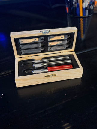 Boof RC Hobby Knife Set – 15 Blades, 3 Handles, Wooden Storage Case Part #: BFCUT003