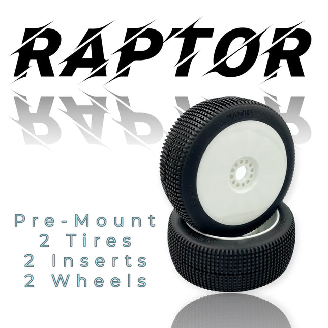 Pro-Motion Raptor 1/8 Buggy Pre-Mounted Tires – Super Soft Long Wear (White Wheels) (2) Part #: 9020-SSLW-W