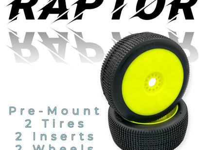 Pro-Motion Raptor 1/8 Buggy Pre-Mounted Tires – Super Soft Long Wear (Yellow Wheels) (2) Part #: 9020-SSLW-Y