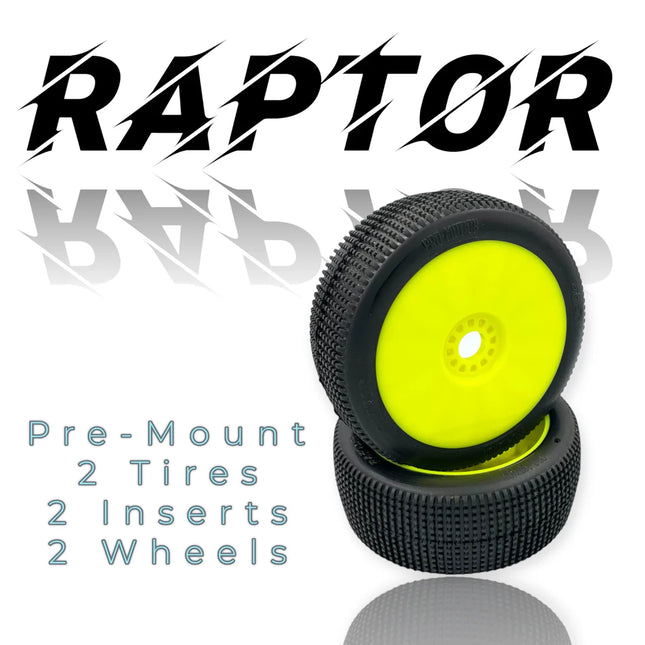 Pro-Motion Raptor 1/8 Buggy Pre-Mounted Tires – Super Soft Long Wear (Yellow Wheels) (2) Part #: 9020-SSLW-Y