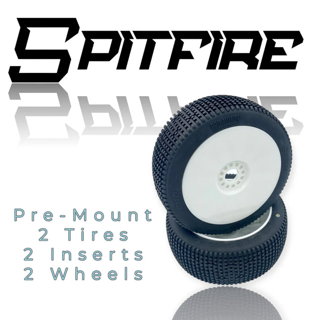 Pro-Motion Spitfire 1/8 Buggy Pre-Mounted Tires – Super Soft (White Wheels) (2) Part #: 9010-SS-W
