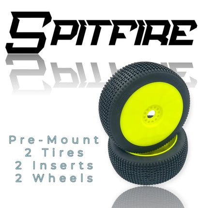 Pro-Motion Spitfire 1/8 Buggy Pre-Mounted Tires – Super Soft Compound (Yellow Wheels) (2) Part #: 9010-SS-Y
