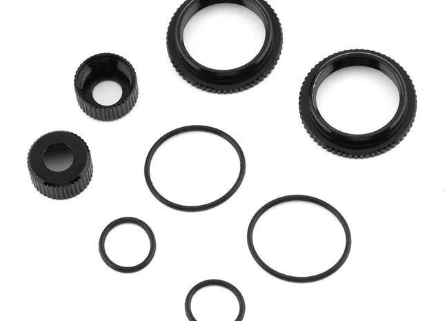 Team Associated 13mm Shock Collar & Seal Retainer Set – Black Aluminum (Part #91929)